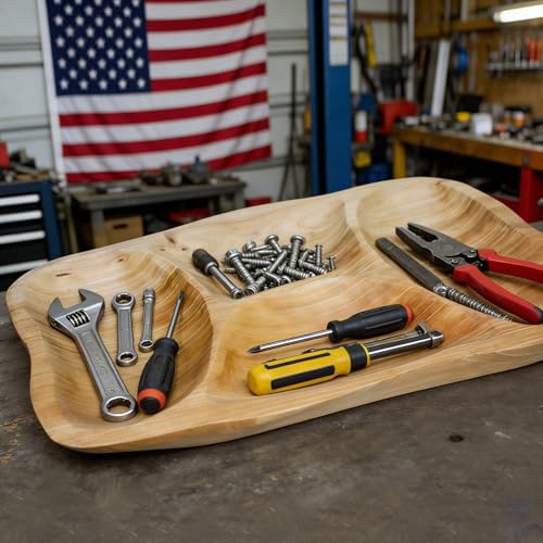 BTEOBFY Natural Wood 4-Compartment Divided Fruit Tray, Live Edge Handmade Serving Platter for Snacks, Sandwiches, Appetizers, Unique Hand-Carved Rustic Design - size: 15.8 INCH