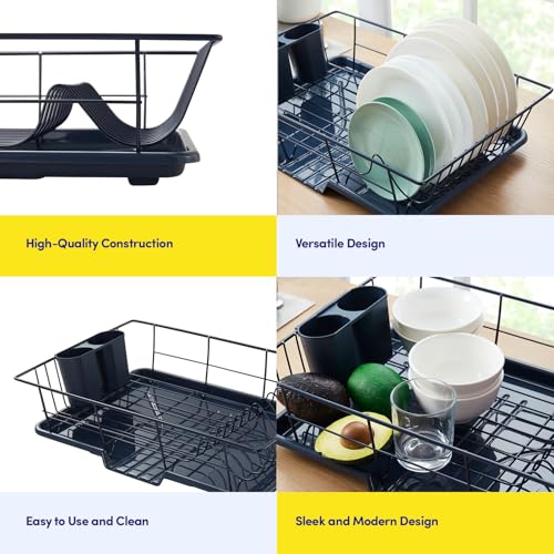 Sweet Home Collection Space-Saving 3-Piece Dish Drainer Rack Set: Efficient Kitchen Organizer for Quick Drying and Storage - Includes Cutlery Holder and Drainboard - Maximize Countertop Space, Navy - color: Navy