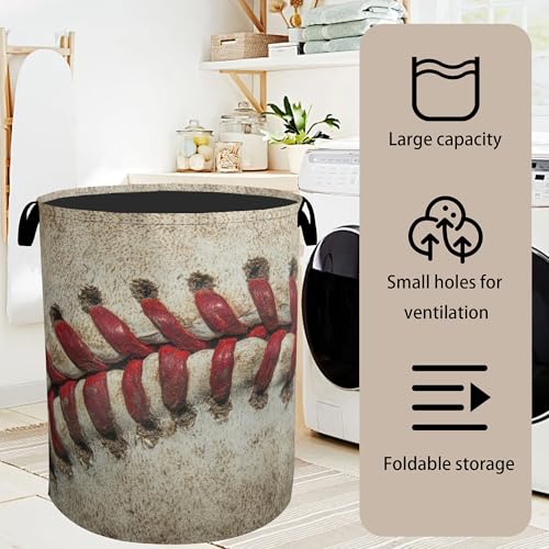 Baseball Laundry Basket with Handles - Extra Large Foldable Hamper for Bathroom/Laundry/Bedroom/Dorm, Washable Fabric Storage Bin - color: Retro Baseball