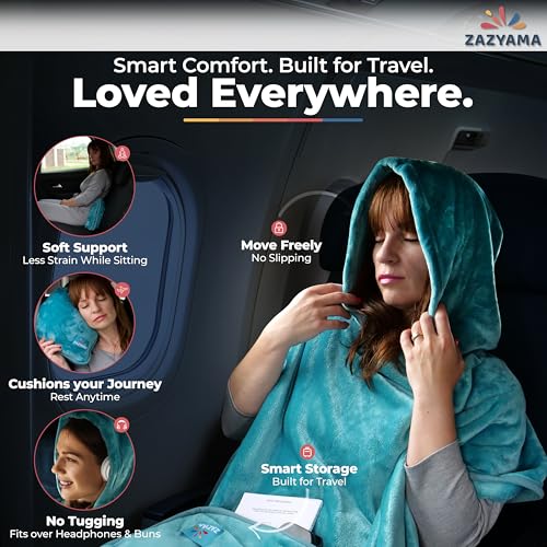 3-in-1 Travel Blanket Airplane – Compact with Bag & Pillow Combo Set, Ultra-Soft Fleece | Packable Blanket Compact | Hidden Pocket | Trolley Sleeve | Carabiner | Travel Essentials (Aqua Teal)
