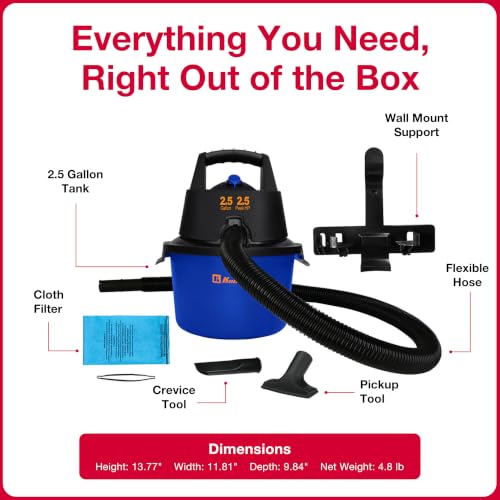 Koblenz Wet Dry Vacuum Cleaner, 2.5 Gallon 2.5 PHP, 60 CFM, 10 ft Reach, TWIST-N-LOCK Hose, Wall Mount, Small Shop Vac, Portable Shop Vac for Home Car Garage, Accessories Included, Blue/Black, WD-2.5L - size: 2.5 Gallon 2.5 HP