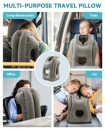Inflatable Travel Pillow, Airplane Neck Pillow Comfortably Supports Head and Chin for Airplanes, Trains, Cars Office Napping on The Tray Table (Grey) - color: Grey(standard)