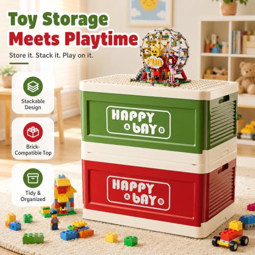 21L 22 Qt Folding Storage Box with Large Building Block Lid, Collapsible Toy Organizer Compatible with Duplo Blocks, Push Pull Storage Bin with Quiet Wheels(2pc-red+green) - color: Red+Green