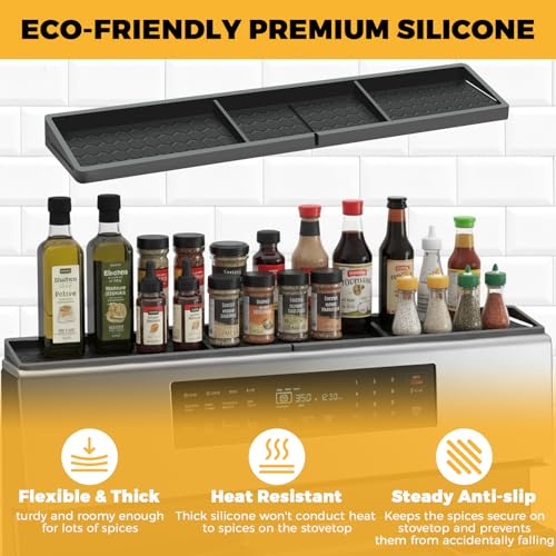 BFONS 30 Inch Silicone Magnetic Stove Top Shelf, Kitchen Shelf Over Stove Spice Rack Apartment Must Haves Kitchen Gadgets for Above Stovetop Seasoning Organization and Storage Thickened Black - color: Thickened Black