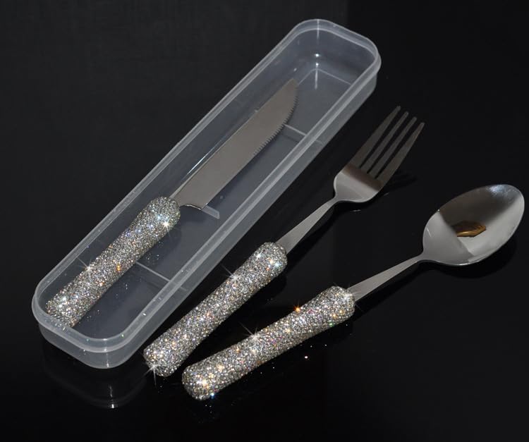 Bling Rhinestone Crystal Dazzling Culinary Utensils Travel Set for Office, Lunch, and Travel (3, Silver) - color: Silver