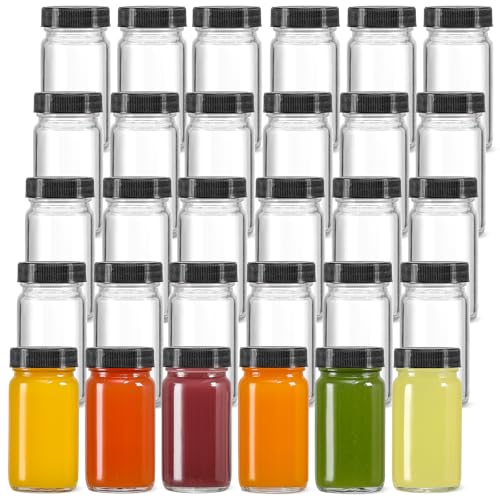 30 Pack 2 oz Glass Shot Bottles w/ Black Lids & 30 Labels - Small Clear Jar for Ginger, Wellness Shot, Juice, Sample, Whiskey - Travel Essentials Mini Bottles - Wide Mouth, Leakproof, Dishwasher Safe - color: Black Lid, size: 30 Pack
