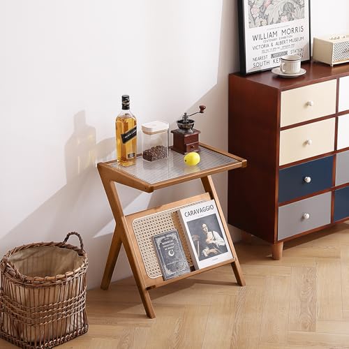 Tiita 2 Pack Rattan Side Table, Mid Century Nightstand, Bamboo Accent Bedside Tables, Glass Coffee Tables, Boho Wooden End Table with Storage for Small Space, Living Room and Bedroom - color: 2 Pack Rattan-l-brown