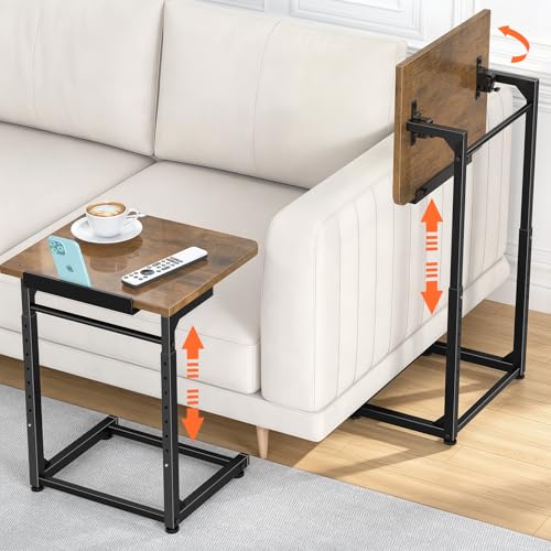 Tv Tray Table Set of 2, 8-Level Adjustable Height Couch Side Table,90° Tilt Angle Adjustments C-Shaped End Table, with Phone & Tablet Slot Sofa Computer Desk for Couch, Sofa, Bed, Chair, Living Room - color: Brown, size: 2 pcs