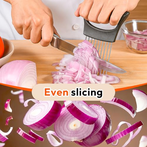 Onion Slicer, Stainless Steel Onion Holder for Slicing with Protective Case, Onion Cutter Tool for Meat Lemon Potato Tomato Avocado Egg Kitchen Slicing Assistant Tool (1 PCS) - color: 1 PCS