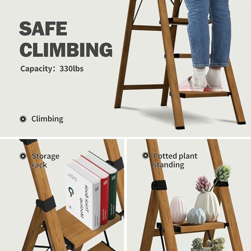 5 Step Step Ladder,Lightweight Folding Step Stool with Anti-Slip Aluminum Wide Pedal&Convenient Handgrip,Steel Ladder for Household and Office(Woodgrain) - color: Woodgrain, size: 5 Step