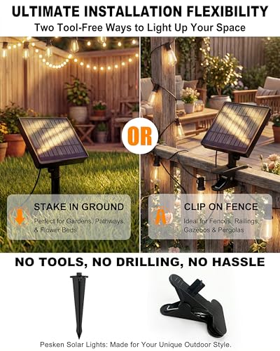 108FT (48+2) Outdoor String Lights Solar Powered, ST38 Dimmable Patio Lights with Remote & USB Charging, Dusk to Dawn, 2700K LED String Solar Light for Backyard, Garden, Porch, Wedding Decor - size: 108FT (48Bulbs)