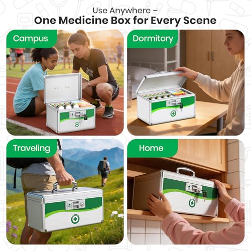 Medicine Lock Box with Keys, Small 10x6.9x6.9in, Aluminum Child-Safe Lock | Child-safe key lock, sturdy aluminum frame, anti-slip base, removable ABS tray, rust-proof handle, reinforced edges - size: Small-10inch