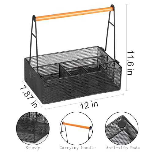 Paper Plate Organizer with Handle for Countertop, Metal Silverware Caddy for Cups, Napkins, Paper Plate and Utensil Holder, Cutlery Caddy for Party, Camping, Picnic (Black)