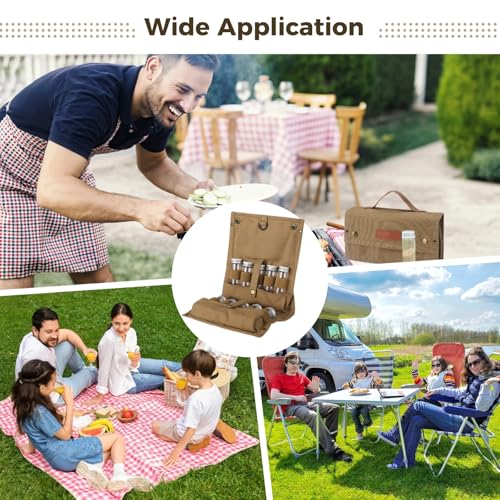Camping Spice Bag with 10 Jars, Portable Travel Spice Kit with Foldable Seasoning Pouch, Includes 10 Empty Glass Spice Containers, Canvas Storage Bag for Outdoor Cooking, BBQ, RV Trip