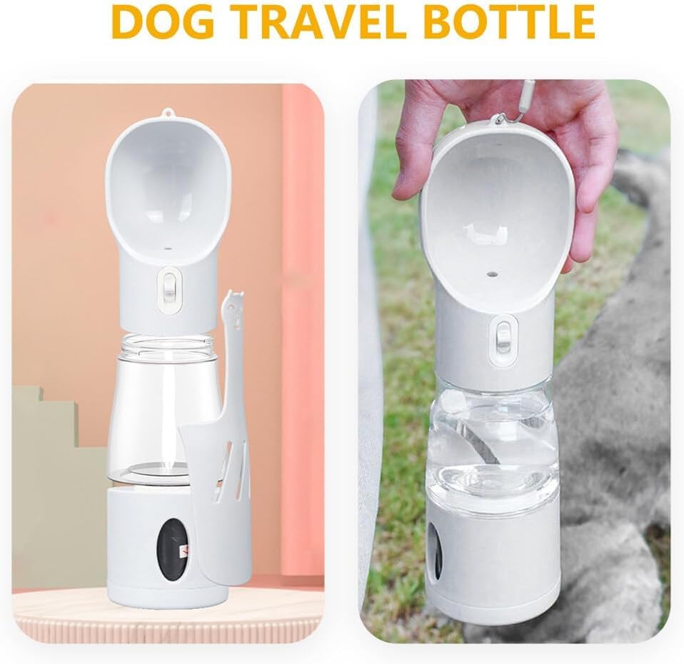 Cherry Pink 4-in-1 Portable Dog Water Dispenser+Food Storage+Built-in Poop Bag Holder+Scoop | 258ml Water & 220ml Food Capacity | Leakproof | Food-Grade ABS Material.