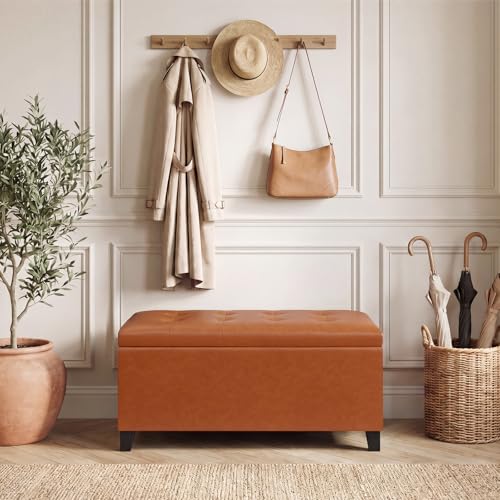 Asense Storage Ottoman Bench, 33" Faux Leather Upholstered End of Bed Bench with Safety Hinge,Wooden Legs,for Entryway Bedroom Living Room - color: 33" Brown Faux Leather