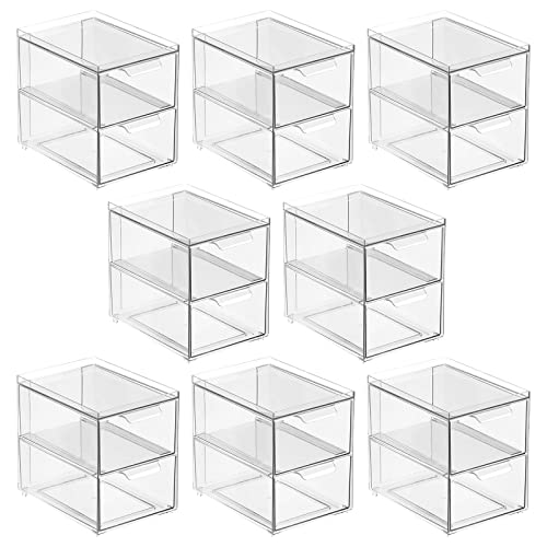 mDesign Stackable Storage Containers Box with 2 Pull-Out Drawers - Stacking Plastic Drawer Bins for Master or Guest Bathroom, Linen Closet, Vanity, or Makeup Table - Lumiere Collection - 8 Pack, Clear - size: 8 x 6 x 7 (Pack of 8)