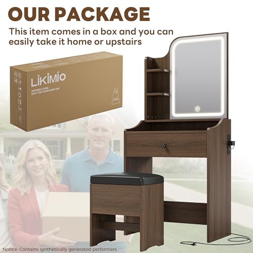 LIKIMIO Small Makeup Vanity Desk with Mirror and Lights, Vanity Table Set with Storage Drawer, Chair and Three Shelves, Bedroom, Walnut - color: Walnut