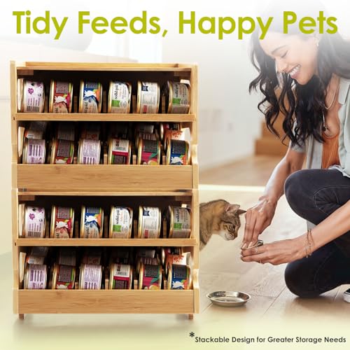Coanto Cat Food Can Organizer for Pantry, Bamboo 2-Tier FIFO Rotating Can Dispenser, Holds 36 (3oz) Wet Cat Food Cans, Stackable Storage Shelf for Kitchen Cabinet