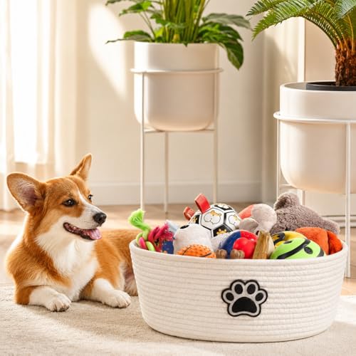 Woven Basket,Dog Toys Basket with Handle,Cute Cotton Gift Baskets Empty for Puppy Leash,Blanket Food, Accessories Pet and Household Storing - color: White