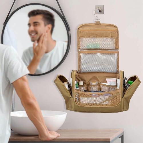 Tactical Toiletry Travel Bag for Men, Hanging Dopp Kit Hygiene Bag Shower Organizer with Hook for Toiletries and Shaving Care, Khaki (Empty Bag) - color: Khaki