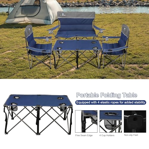 Camping Chair Set of 3, Outdoor Folding Camping Chairs for Heavy People with Cup Holder & Carry Bag,Collapsible Chair Include One Sofa Chair and Two Single Chair,Support up to 500lbs - color: Blue-4pcs