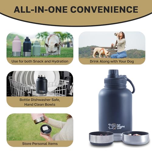 32oz 3-in-1 Portable Travel Water Bottle, Food & Hydration Bottle - Dual Use for Humans & Pets with Detachable Bowls, Stainless Steel, Keeps Water Hot for 6hrs & Cold for 12hrs
