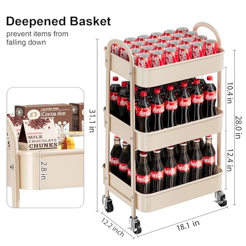 Beige 3 Tier Rolling Cart Metal on Wheels, Three Tiered Storage Organizer Utility Trolley with Wheels for Art, Craft, Baby Diaper Caddy, Snack, Book, Nail, Lash, Cleaning Supplies, Kitchen, Bathroom - color: Light Beige