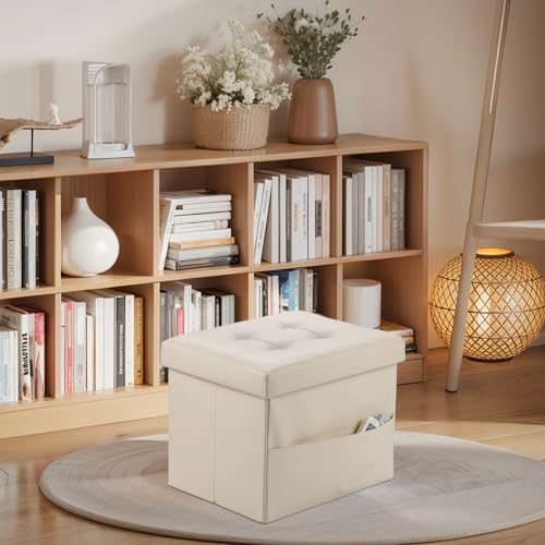 Bsketa Storage Ottoman Foot Rest Stool, Small Leather Storage Ottomans Bench, Folding Footstool with Side Pockets, Foot Rest Under Desk for Living Room Bedroom, 17x13x13 in, Beige - color: Beige-with Side Pockets..