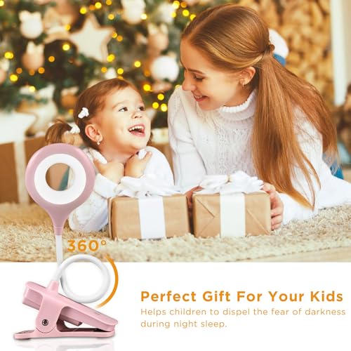Akynite Desk Lamp LED Clip on Light, 5 Modes 5 Brightness Dimmable Clamp Light, Rechargeable Battery Flexible Clip on Reading Lamp for Bed Headboard Bunk Bed at Night for Kids (Pink) - color: Pink