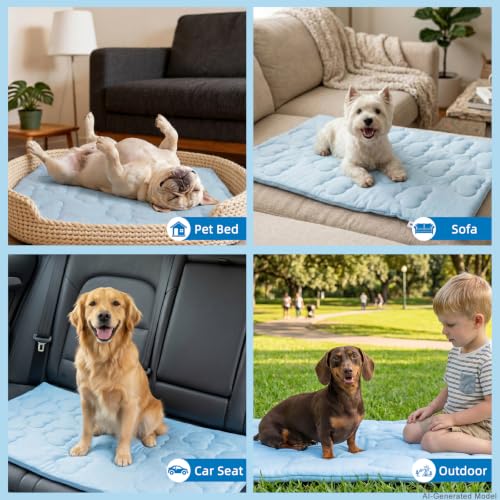 Huafly Dog Cooling Mat,Dual-Sided Cooling Mat for Dogs–Cooling Fabric for Summer,Velvet for All Seasons–Portable for Crate,Car Seat,Sofa&Floor,Machine Washable,Keeps Cats,Dogs&Puppies Cool,Cloud Blue - size: S:18" x 24" x 0.8"Th