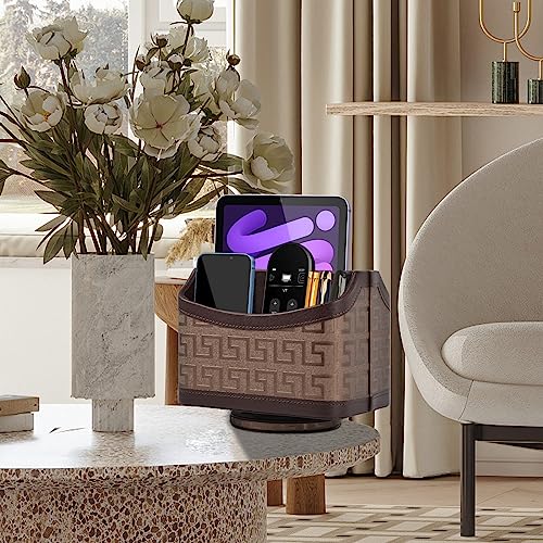 Leather Remote Control Holder 360°Rotatable,Bedside Nightstand Phone Caddy,Office Supplies Storage Box,Desk Organizer for TV Remote Controllers,CD,Pen,Mail,Media Player,Tablets(Coffee Gold) - color: Coffee Gold
