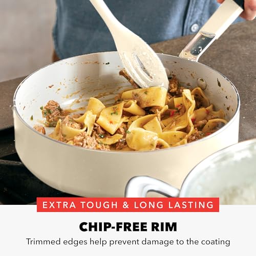 GreenPan x Bobby Flay 13 Piece Nonstick Cookware Pots and Pans Set, PFAS-Free Diamond Ceramic, Induction Suitable, Easy Clean Dishwasher & Oven Safe, Stay-Cool Silicone Handles, Glass Lids, Cream - color: Cream