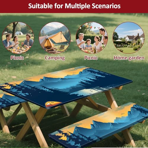 Picnic Table Cover with Bench Covers 6FT 3PCS, Camping Essentials Waterproof Windproof Tablecloth with Drawstring Bag, Fitted Rectangle Tables and Seats, 72", Lakeside Ember - color: Lakeside Ember, size: 72"