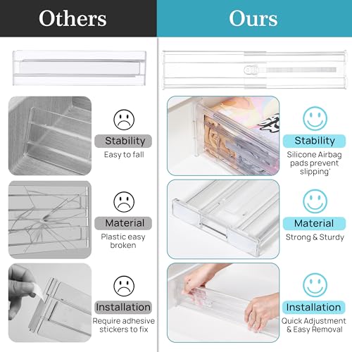 Vtopmart 4 Pack 4" Regular Upgrade Drawer Dividers for Clothes, 12.8"-22.3" Expandable Dresser Drawer Organizer, Clear Plastic Separators for Dresser, Baby Clothing, Underwear, Cosmetic, Toiletries - size: Regular-4" without Inserts