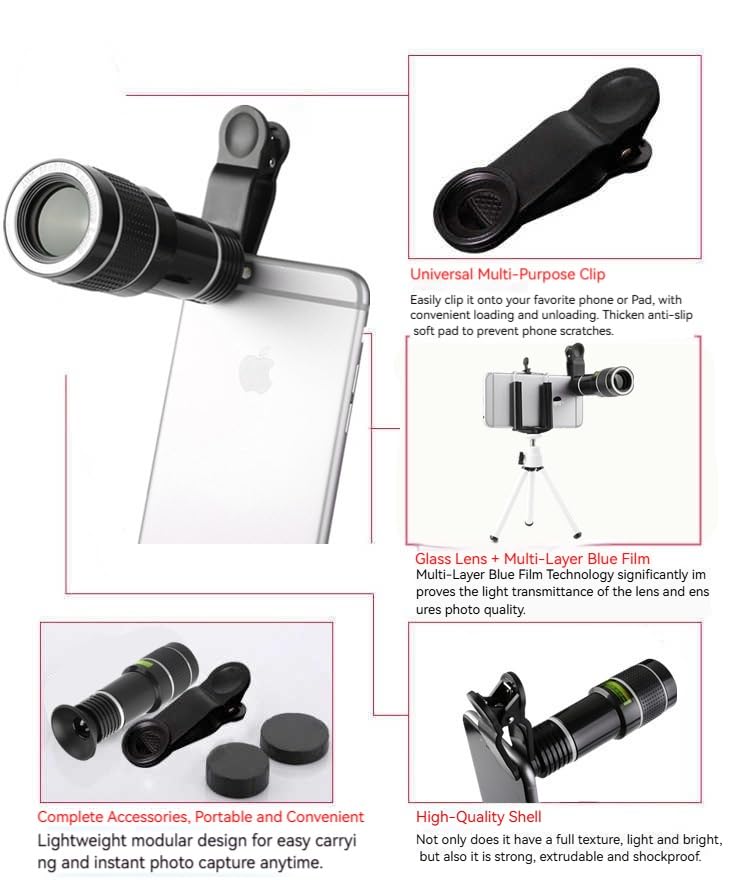 12X Long Focus Telephoto Phone Lens for iPhone and Android, Zoom Cellphone Camera Lens with Phone Clip for Picture Video Taking Long Distance Photography Travel - color: 12x