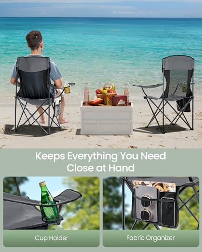 SONGMICS 2 Pack Breathable Camping Chairs, 330 lb Capacity Foldable Outdoor Chairs, High Back, Adjustable Armrests & Cup Holder, for Sports Garden Backyard, Slate Gray UGCB028G01 - color: Grey, style: 2PC (20.3"D x 34"W x 38.2"H)