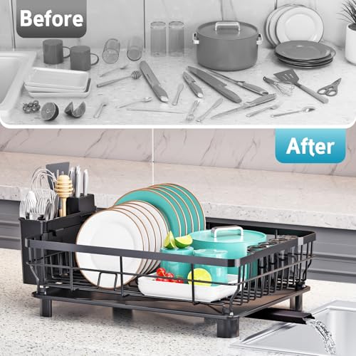 Dish Drying Rack - Space Saving Dish Rack - Dish Racks for Kitchen Counter with Drainboard,Rustproof Dish Drainer with Removable Utensil Holder,Black - color: 1 Tier-black