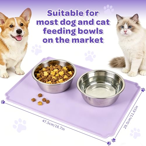 Pet Feeding Mat 12"x19" Silicone Dog Feeding Mat Pet Place Mat Waterproof Silicone Contain Spills Protects Floors Placemats for Cats and Dogs Lavender - color: Purple