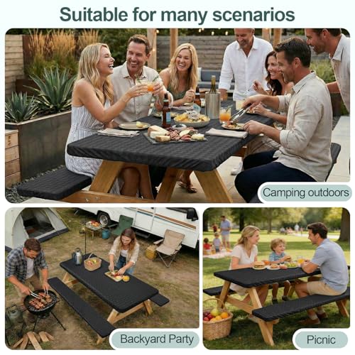 Play Tailor Picnic Table Cover with Bench Covers Camping Essentials Waterproof Windproof Camping Tablecloth with Drawstring Bag, Fitted Rectangle Tables and Seats, 72in, Black - color: Black, size: 72in