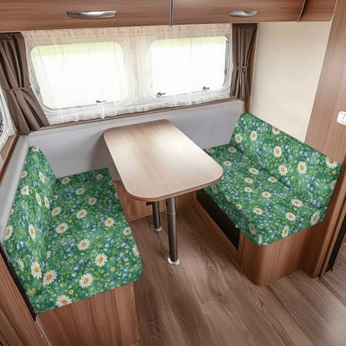 Daisy Floral Green Grass Print RV Dinette Cushion Covers Camper Sofa Cushion Cover Stretchable RV Dinette Seat Covers 2Pcs with Backrest & Bench Cover 2Sets - color: Daisy Floral Green Grass