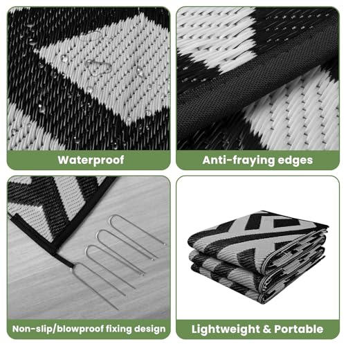 6x9 Outdoor Patio Rug with Carry Bag, Waterproof Outdoor Plastic Straw Rug RV Camping Rug, Reversible Picnic Mat Outside Carpet for Backyard, Porch, Balcony, Deck, Black & Light Grey