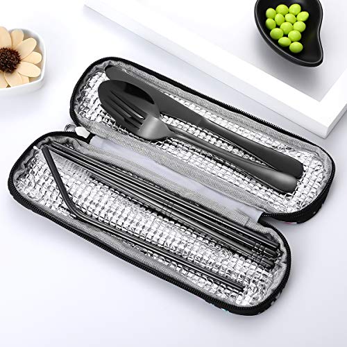 Travel Utensils,Reusable Silverware Set To Go Portable Cutlery Set with a Waterproof Carrying Case for Lunch Boxes Workplace Camping Picnic (Black) - color: Black