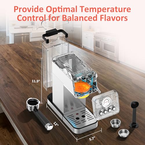 AYCHIRO 20 Bar Semi-Automatic Espresso Machine, Adjustable Espresso Machine with Pressure Gauge, Compact Espresso Maker with Steam Wand, Cup Warmer for Home & Office - color: Stainless Steel
