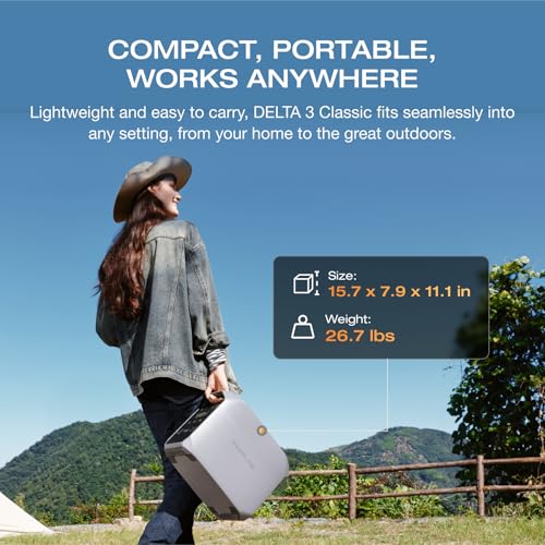 EF ECOFLOW Portable Power Station DELTA 3 Classic, 1024Wh LiFePO4 Battery, 1800W AC/100W USB-C Output, 1 Hr Fast Charge, Solar Generator for Home Backup, Camping & RVs (Solar Panel Optional) - style: DELTA 3 Classic