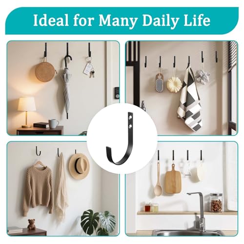 6 Pack Wall Hooks for Hanging, Heavy Duty Metal j Hooks Wall Mounted, No Rust Black Metal Coat Hooks for Living Room, Bathroom, Kitchen, Bedroom, Entryway for Coat, Bag, Hat, Towel, Key, Cup(Black)