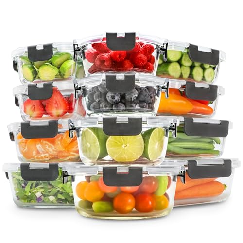 Freshware Glass Storage Containers with Lids, 24 Pieces, 12 Containers with 12 Lids, Glass Meal Prep Container for Lunch, Food Storage Containers, Leak Proof, Freezer Safe, Grey