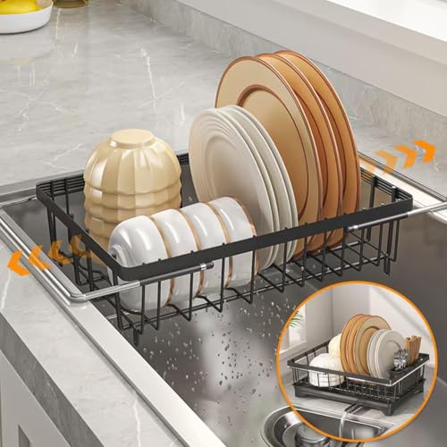 LEMIKKLE Roll Up Dish Drying Rack, Over The Sink Dish Drainer Rack, Foldable Sink Drying Rack, Anti-Slip Silicone Wrapped Dish Drainer for Kitchen Counter - color: Silicone Black