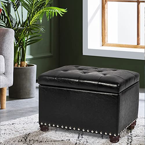 Joveco Leather Storage Ottoman, 24" Rectangle Tufted Foot Rest Stool, for Living Room Bedroom, Midnight Black - color: Midnight Black