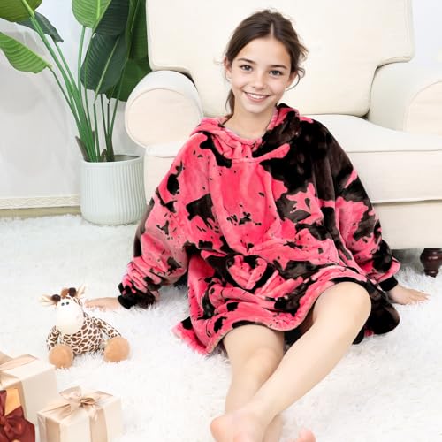 cow print Pink Wearable Blanket Hoodie 6-13 Year Old - Cozy Soft Fleece Flannel Hot Pink Hooded Sweatshirt Blanket, Christmas/Birthday Gifts for Teens Girls - color: Black Pink, size: Kids-M